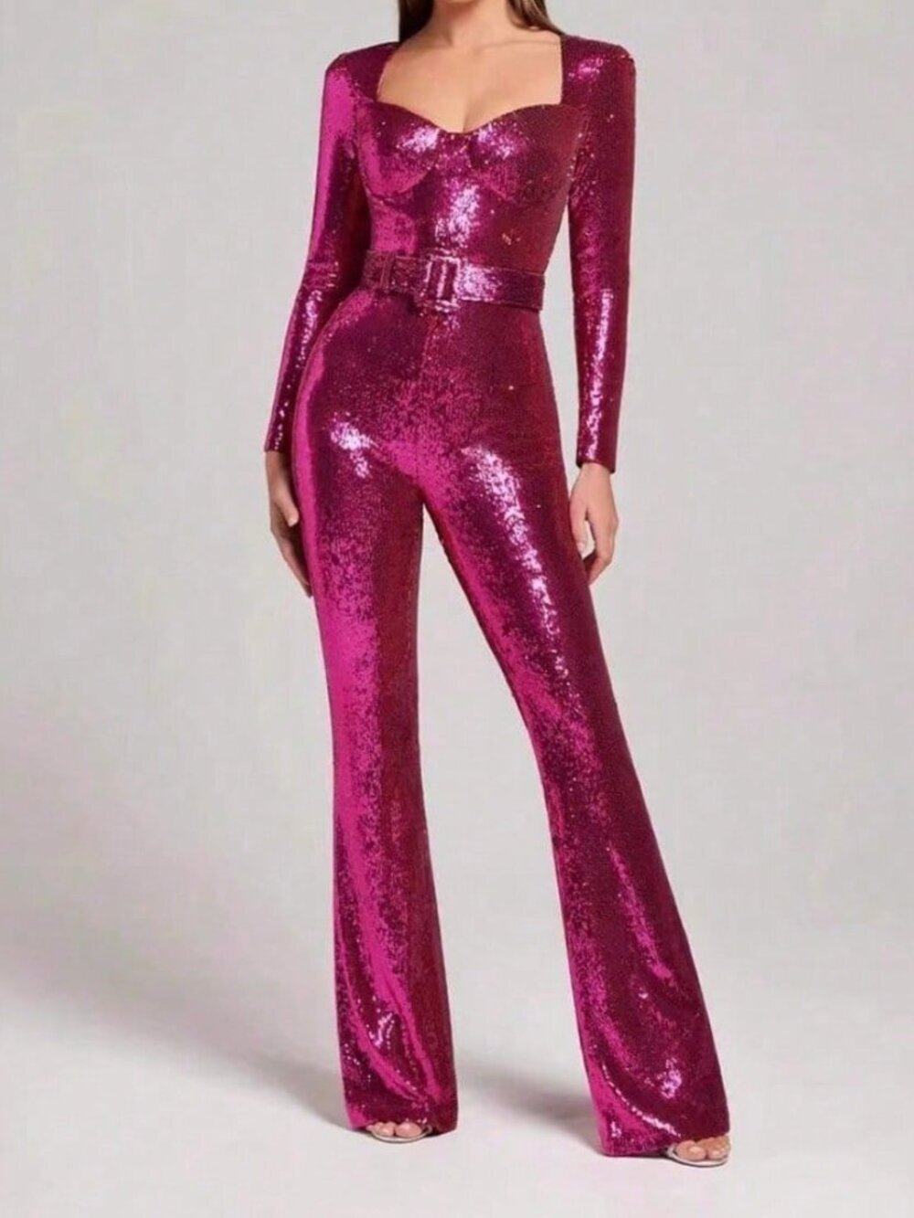 Hot Pink Casual Women's Belt Sequined Jumpsuit